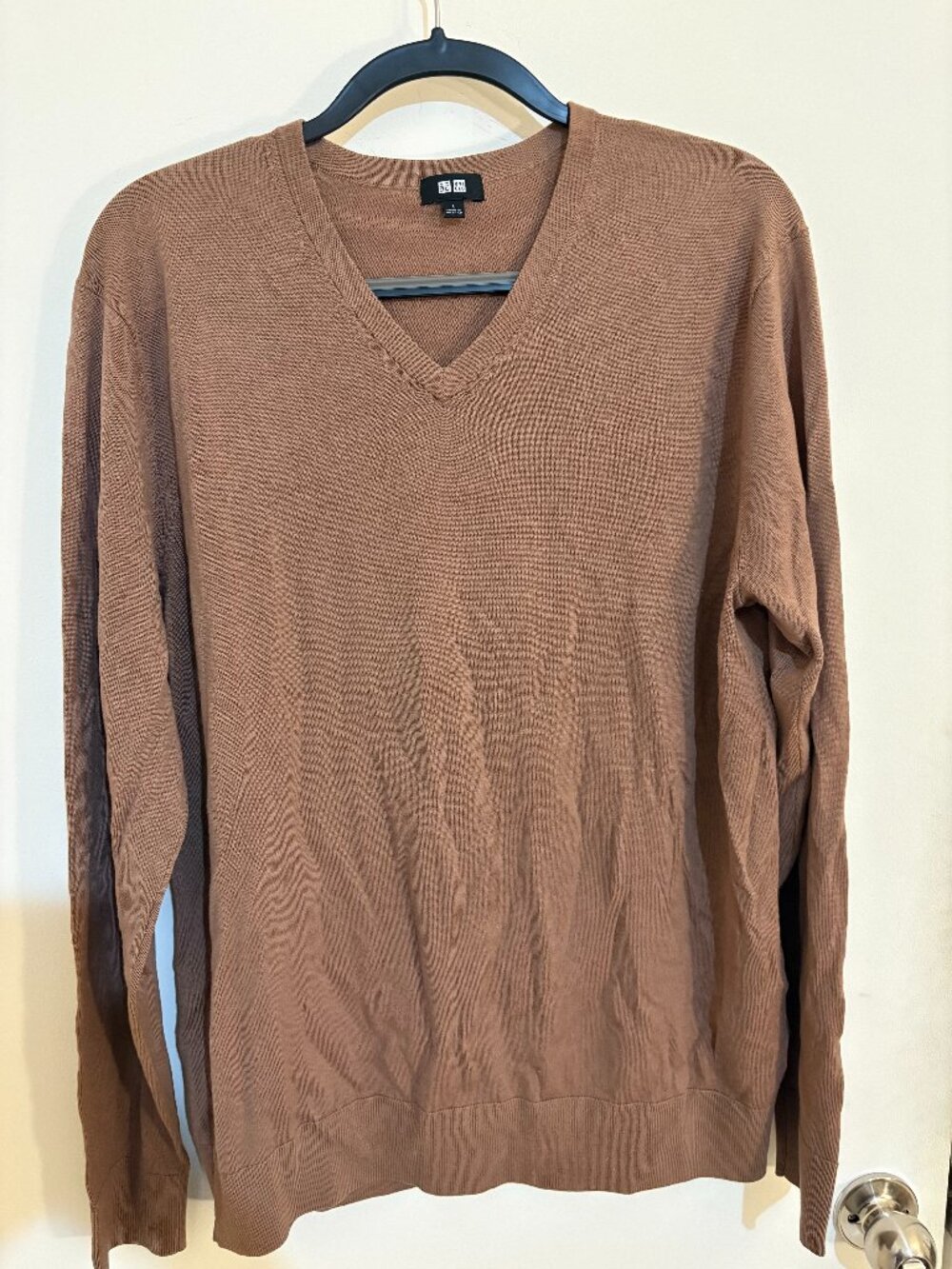 Uniqlo V-Neck Sweater Tan Beige Size L Cotton Knit